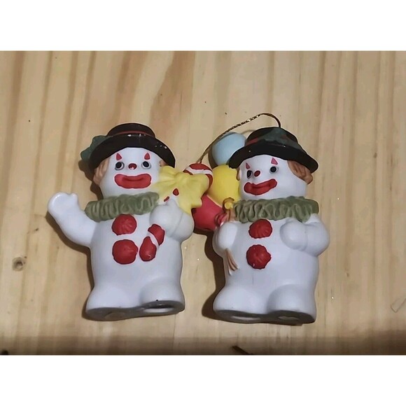Vintage Clown Set 2 Snowman Figurine Christmas Tree Ornaments - Picture 1 of 4